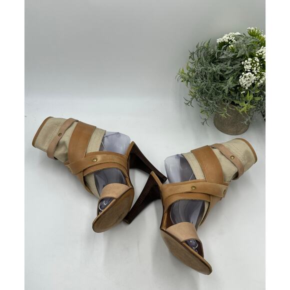 CHLOE Strap Leather Canvas Gladiator High Heel Brown Beige Sandal Sz 36/5.5 - Picture 7 of 10
